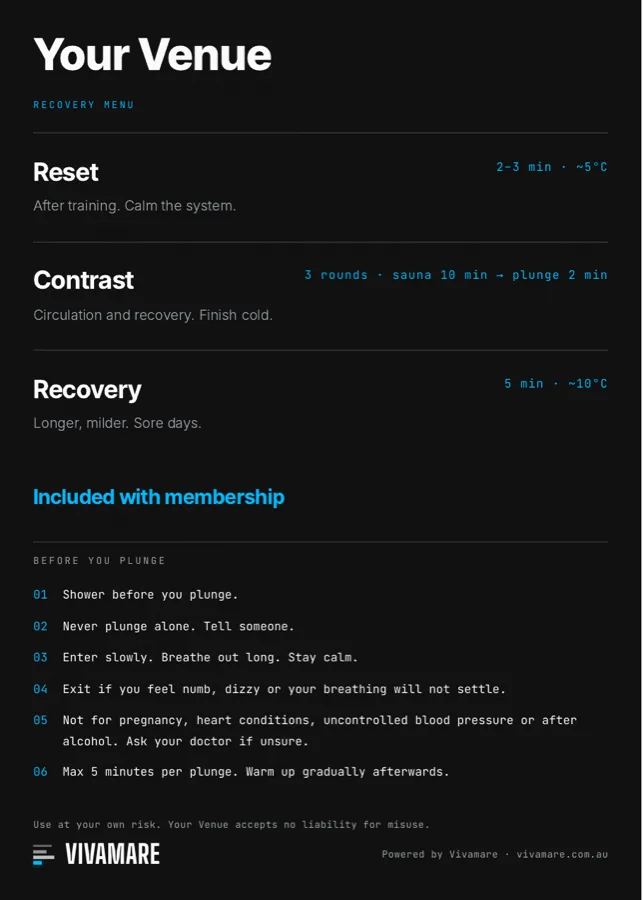 Sample Vivamare Recovery Menu card branded for a venue, listing Reset, Contrast and Recovery protocols with safety rules