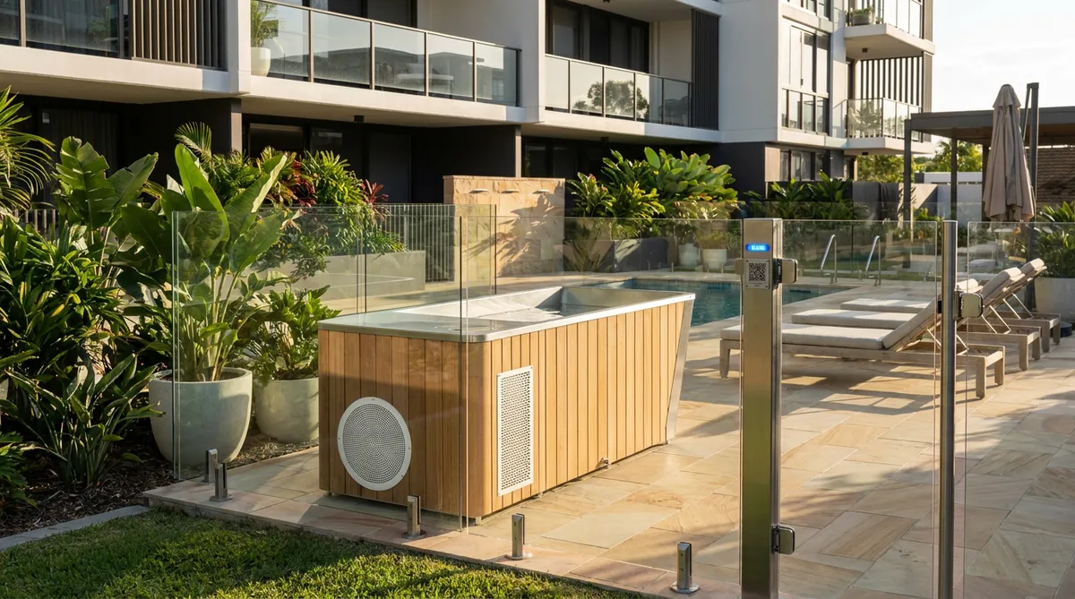 Cold plunge inside a compliant glass pool-safety enclosure with QR payment entry post